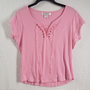 Vintage August Silk Top Womens Medium Pink Y2k Cap Sleeve Lace Up Ribbed Summer
